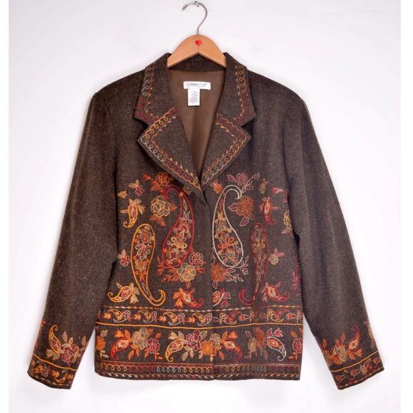 Coldwater Creek Jackets & Blazers - Coldwater Creek Embroidered Tweed Blazer Womens Medium Brown Paisley Wool Blend